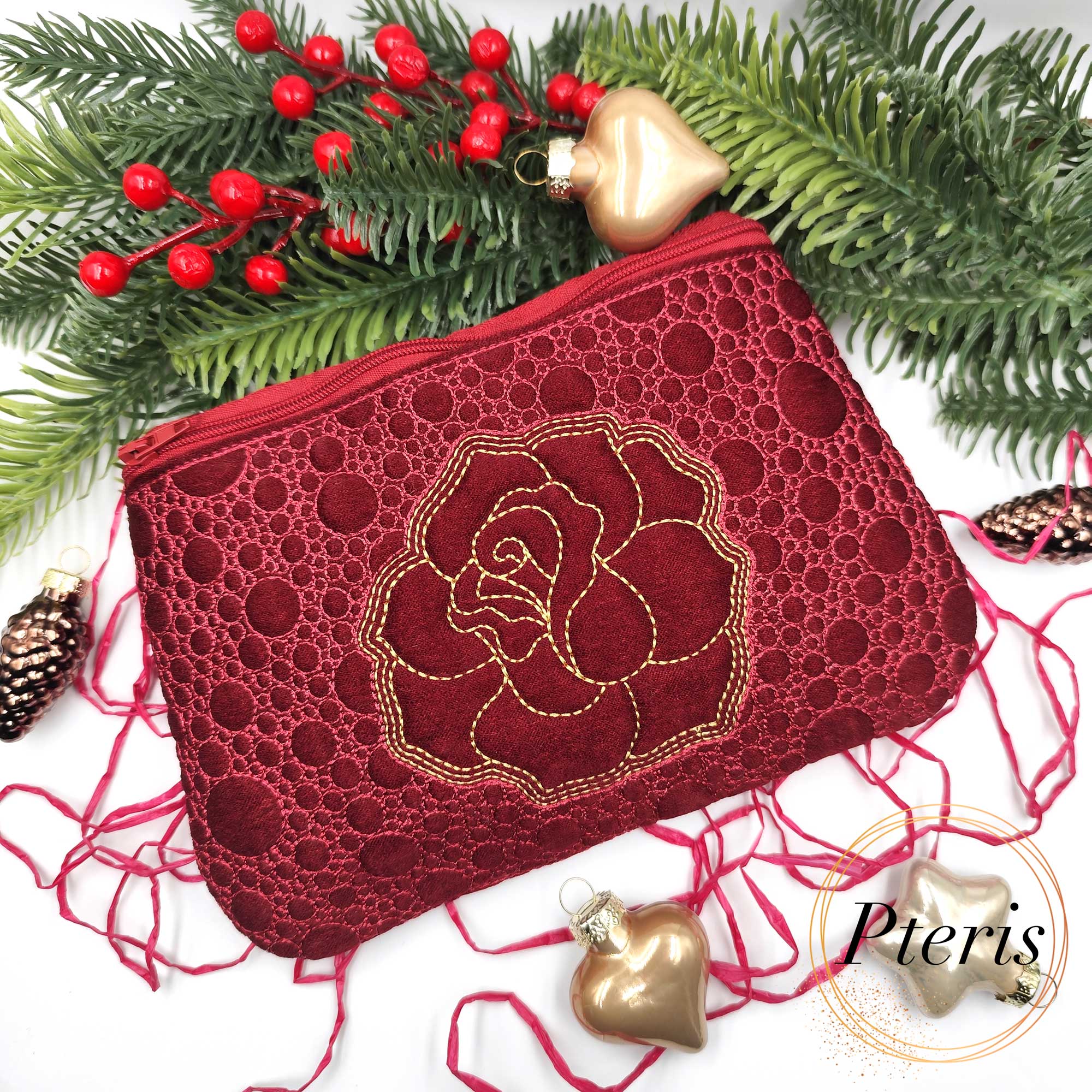 ITH Quilted Rose Zipper Pouch embroidery design in red velvet with gold rose sketch