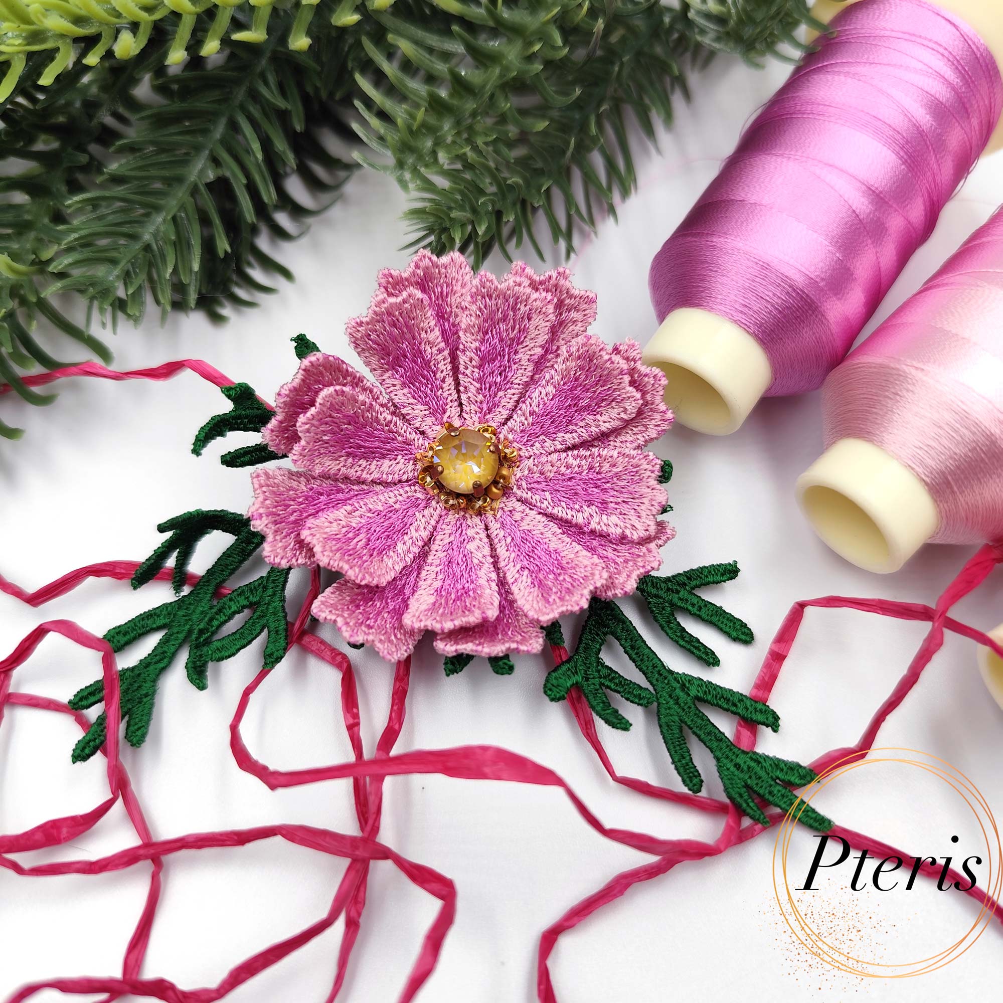 FSL 3D Cosmos Embroidery Design - Freestanding Lace Brooch Set - Image 4