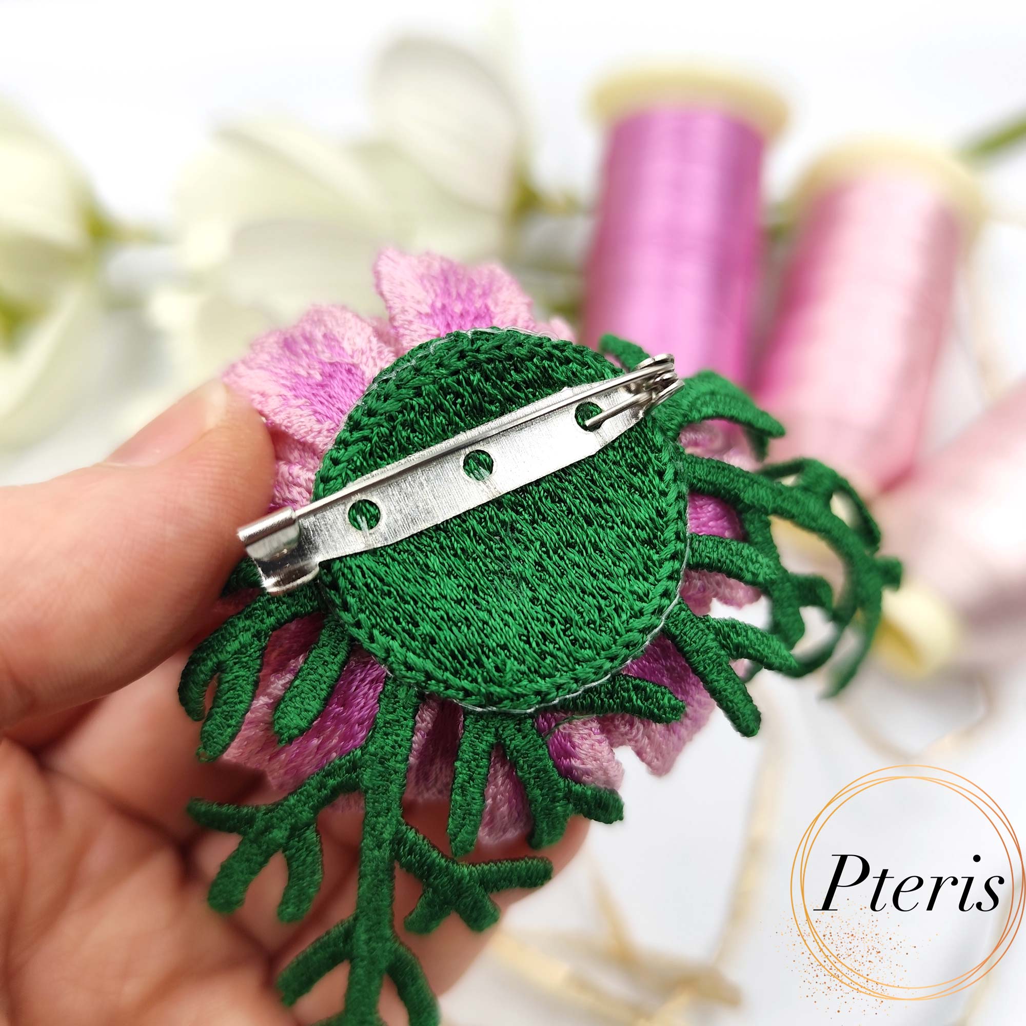 FSL 3D Cosmos Embroidery Design - Freestanding Lace Brooch Set - Image 2