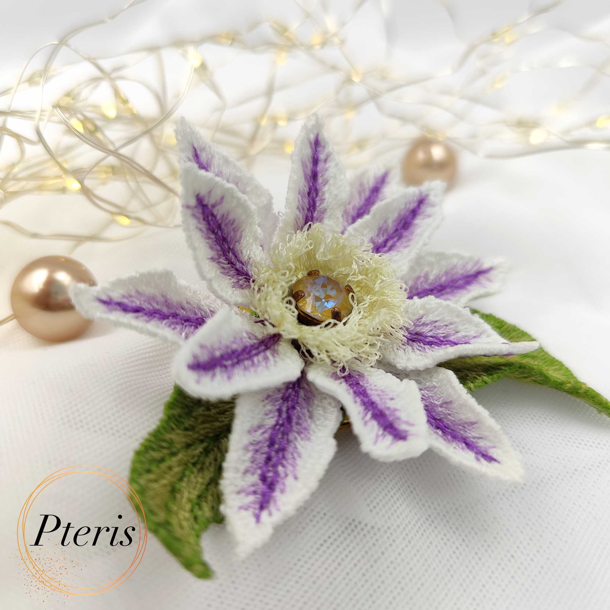 FSL 3D Clematis Embroidery Design - Freestanding Lace Brooch Set - Image 2