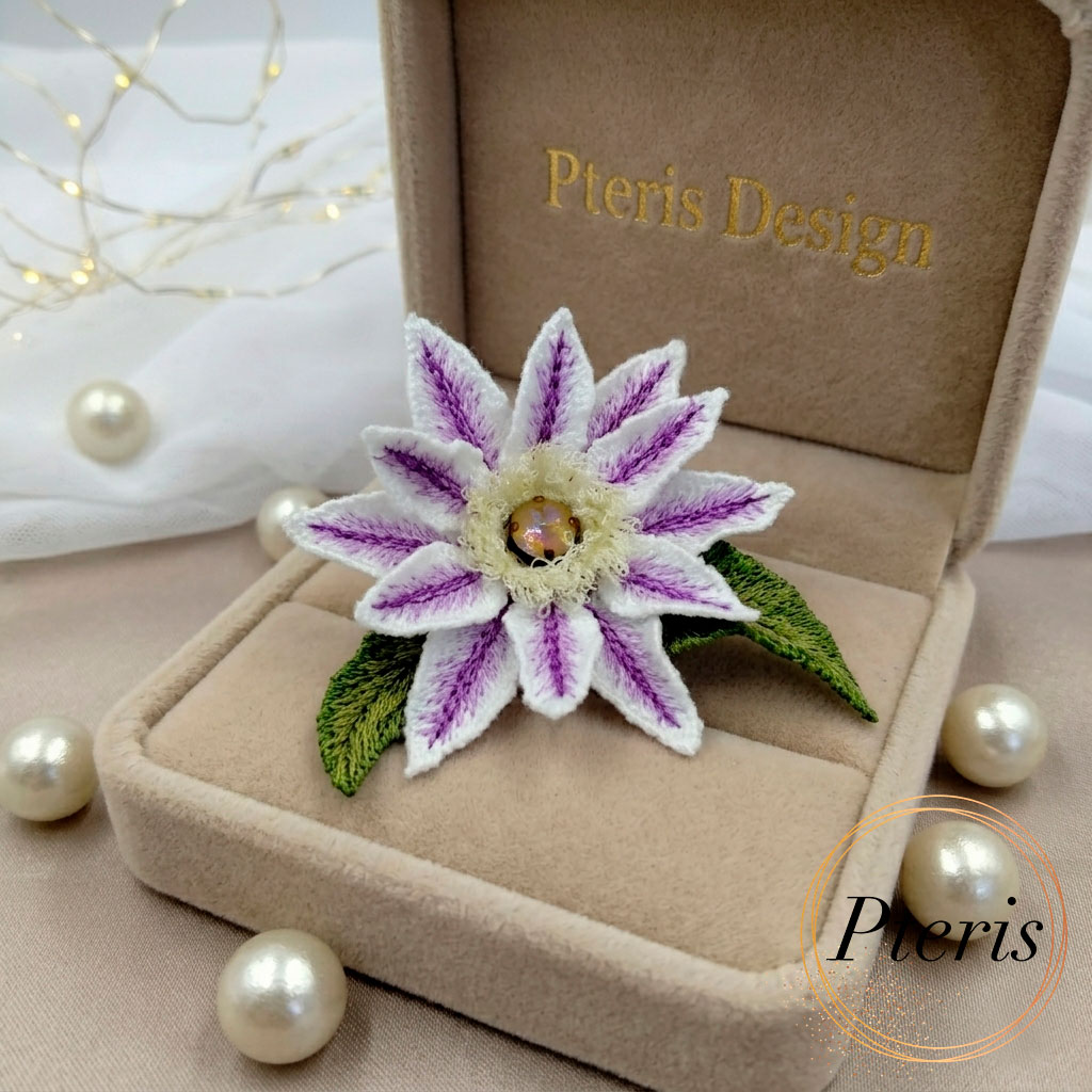 FSL 3D Clematis Embroidery Design - Freestanding Lace Brooch Set - Image 3