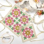 FSL Granny Square Crochet Design featuring embroidered lace squares with pink floral centers, gold accents, and cream-colored crochet-style borders.