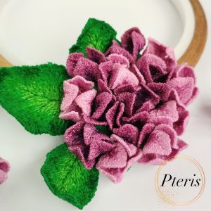 FSL 3D hydrangea brooch machine embroidery design in shades of purple and green