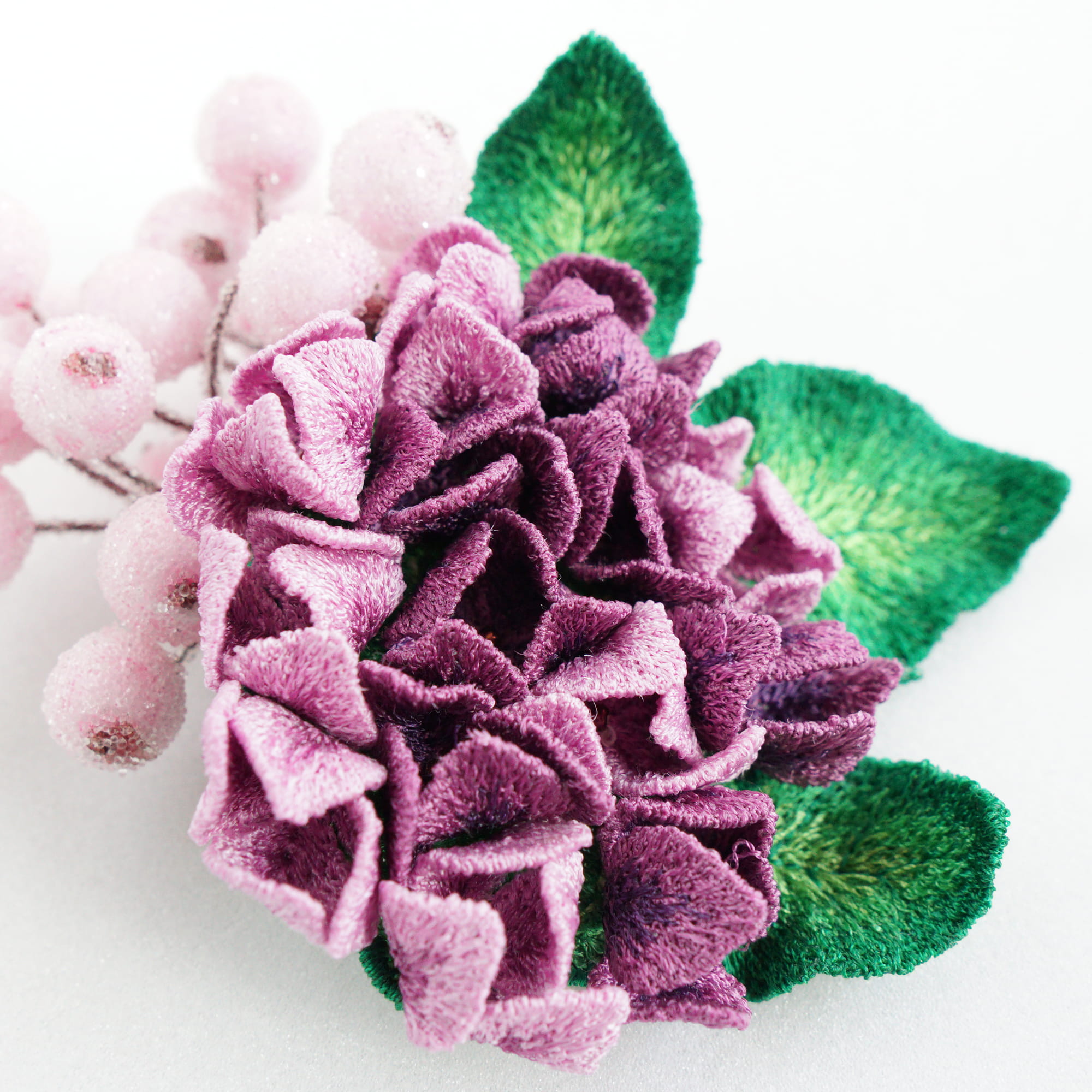 FSL 3D hydrangea brooch machine embroidery design in shades of purple and green