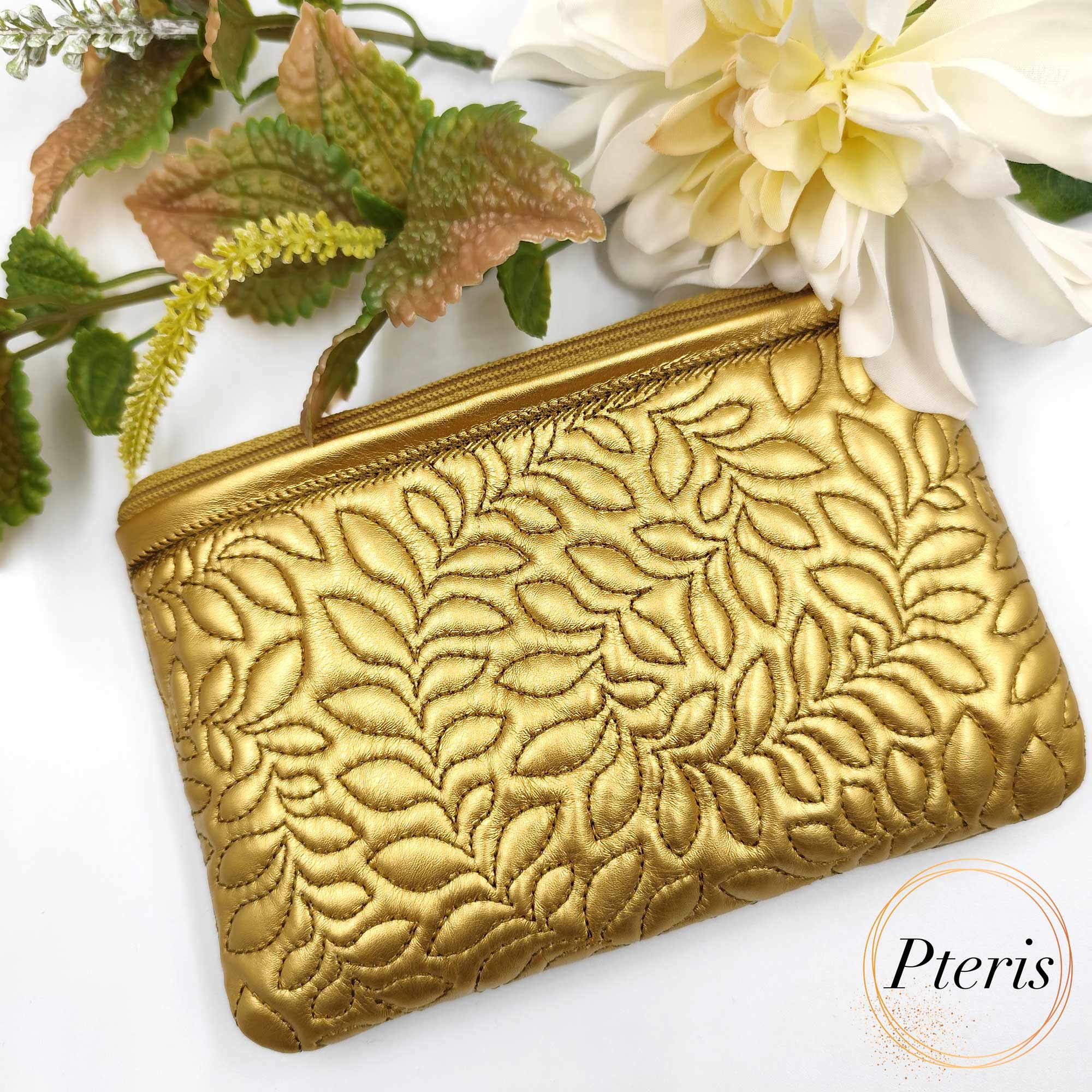 ITH Quilted Flower Zipper Pouch embroidery design with gold rose and leaf patterns