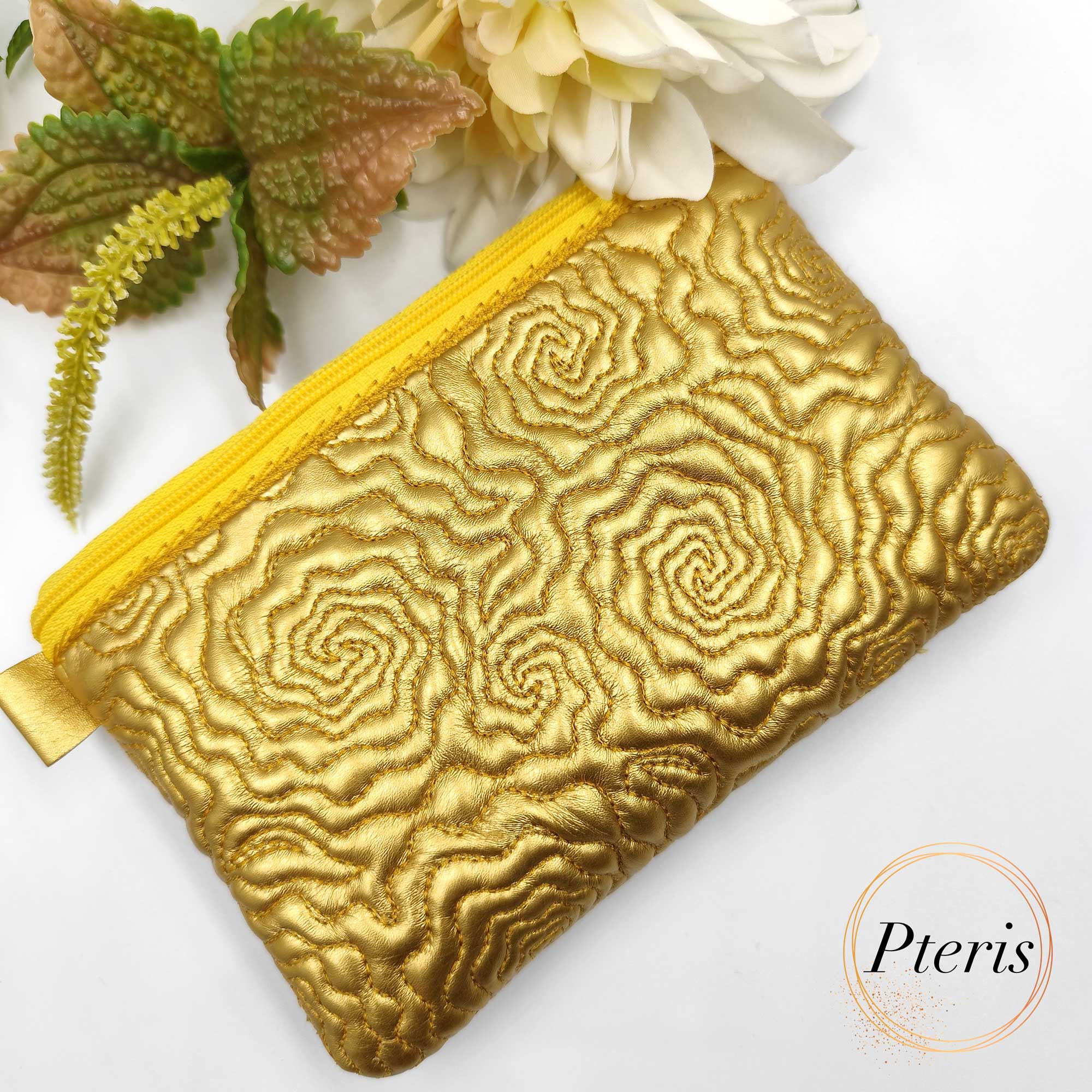 ITH Quilted Flower Zipper Pouch embroidery design with gold rose and leaf patterns