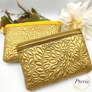 ITH Quilted Flower Zipper Pouch embroidery design with gold rose and leaf patterns