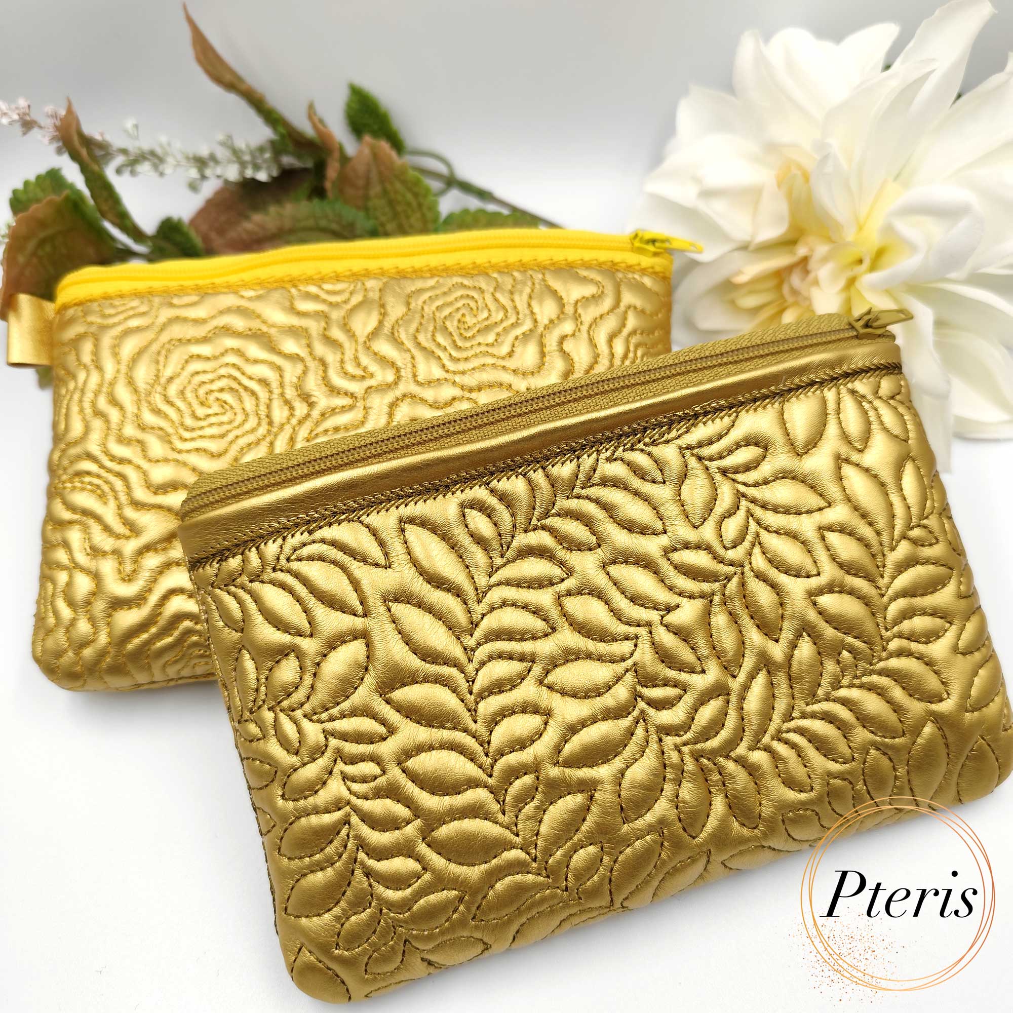 ITH Quilted Flower Zipper Pouch embroidery design with gold rose and leaf patterns