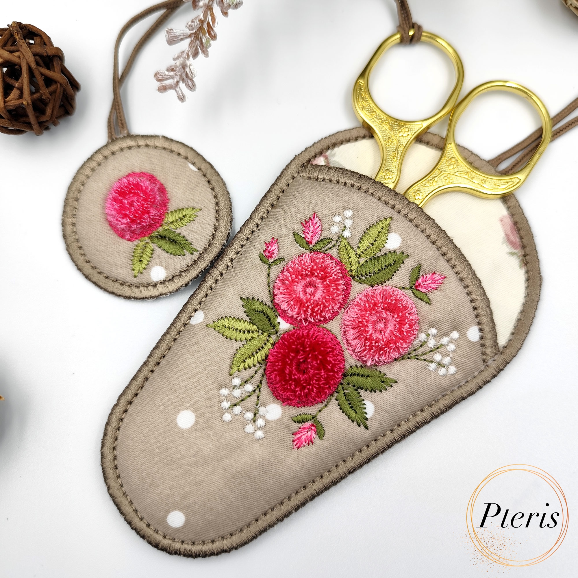 ITH Floral Fringe Scissor Case embroidery design with pink 3D flowers and matching anchor