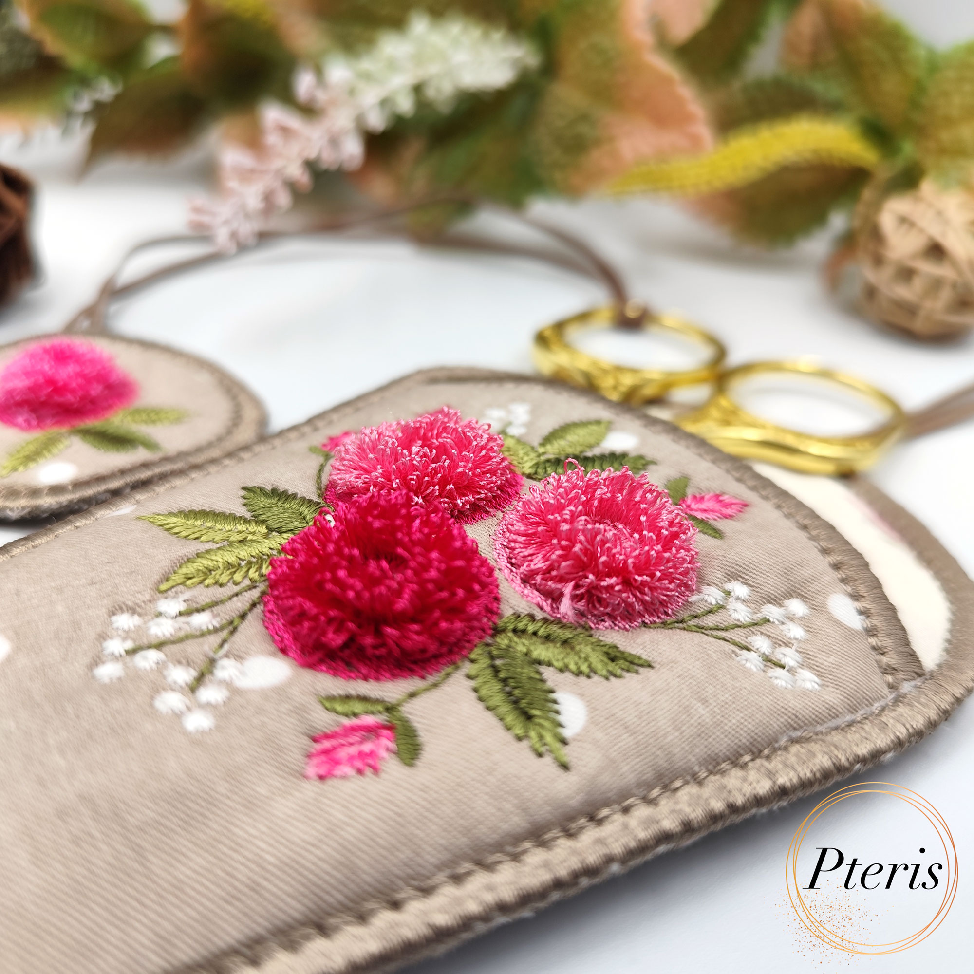 ITH Floral Fringe Scissor Case embroidery design with pink 3D flowers and matching anchor