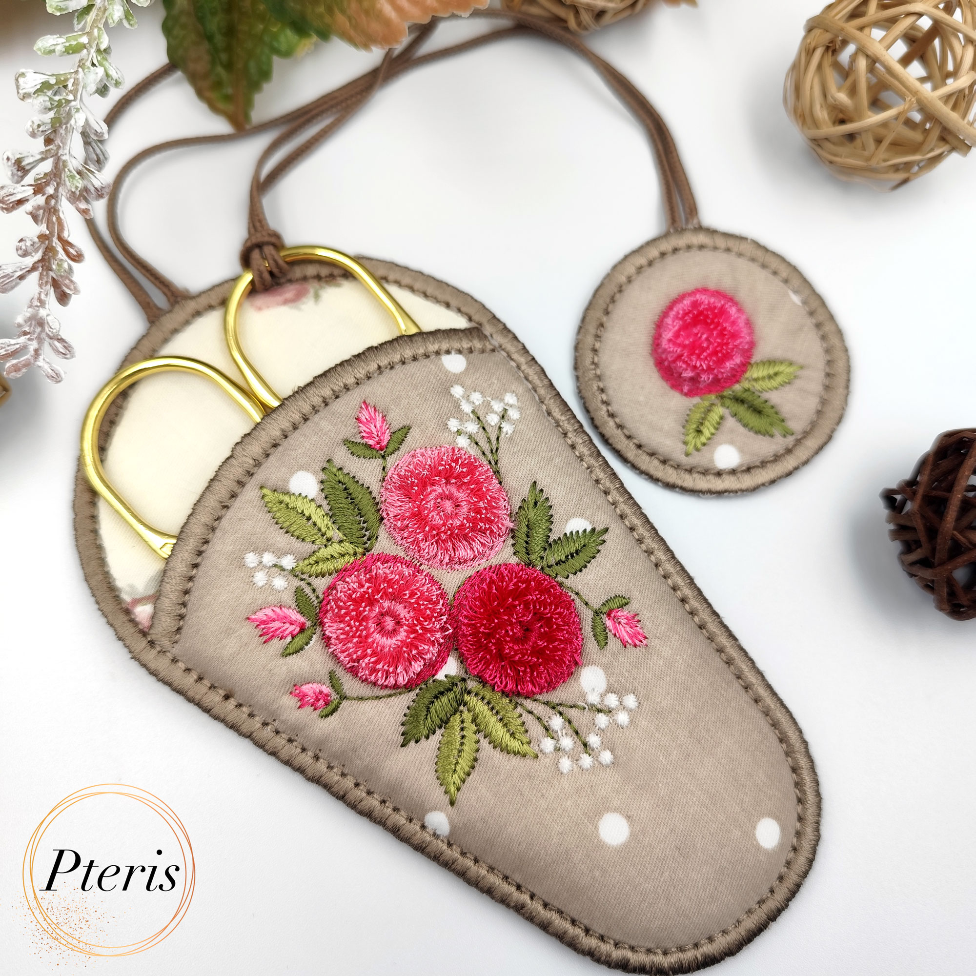ITH Floral Fringe Scissor Case embroidery design with pink 3D flowers and matching anchor