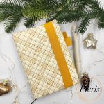 ITH Quilted A6 notebook cover embroidery design on white faux leather with yellow elastic