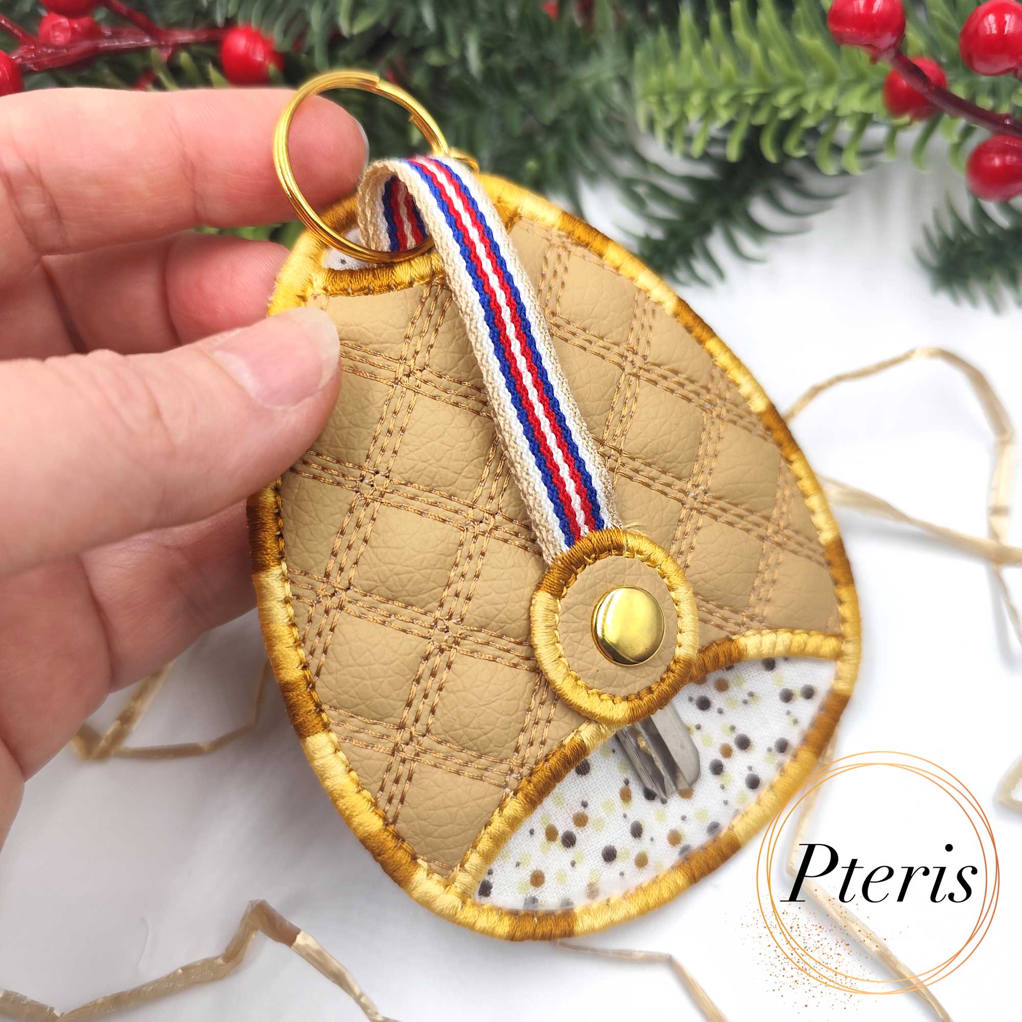 ITH Quilted Key Holder embroidery design with diamond pattern on tan faux leather