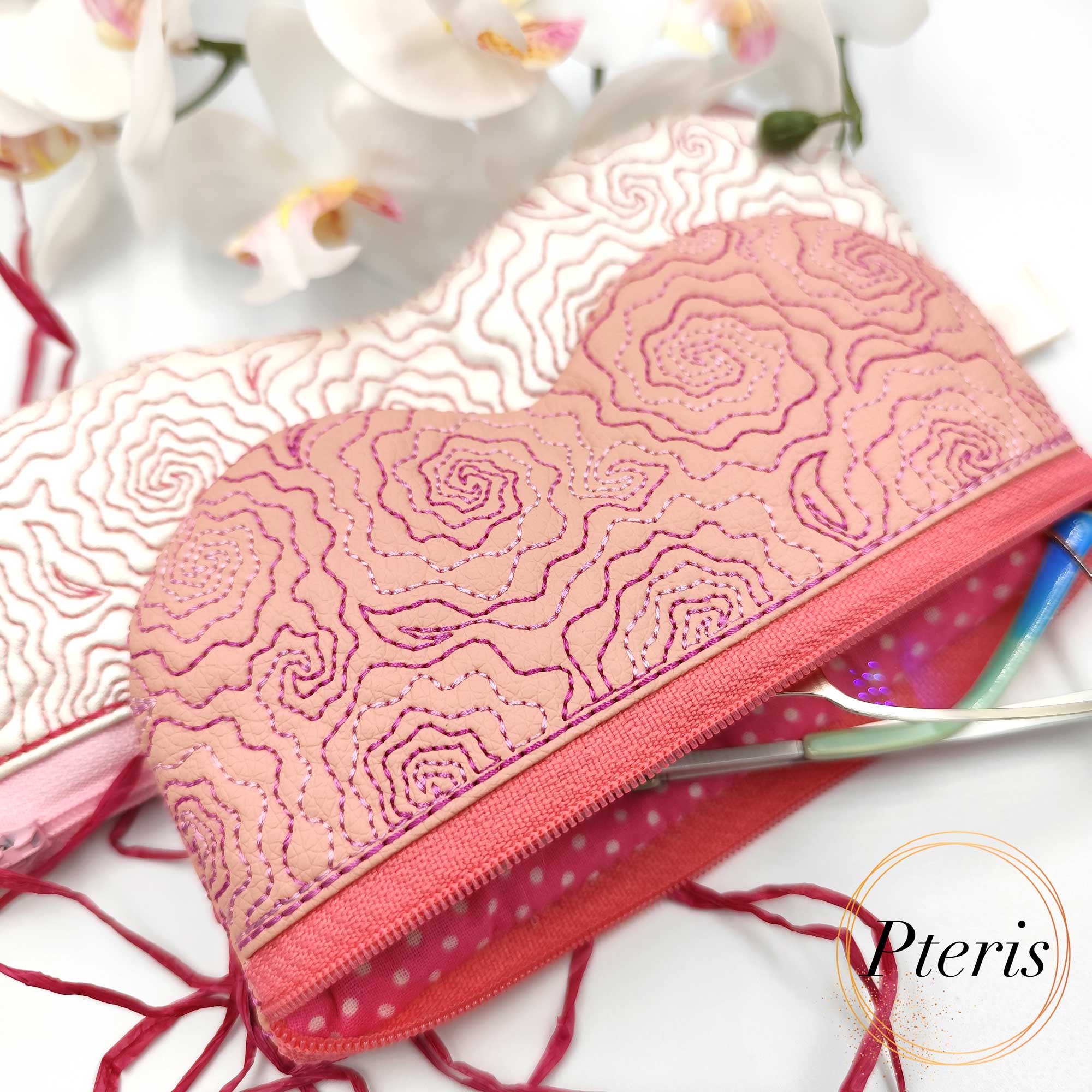 ITH Quilted Rose Glasses Case embroidery design with pink faux leather and zipper