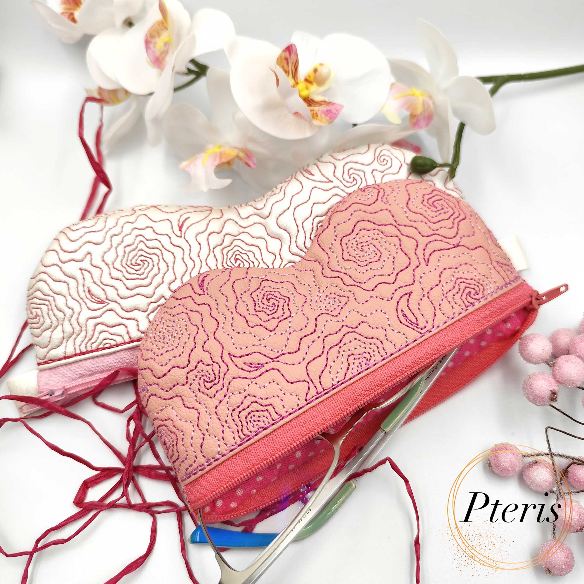 ITH Quilted Rose Glasses Case embroidery design with pink faux leather and zipper