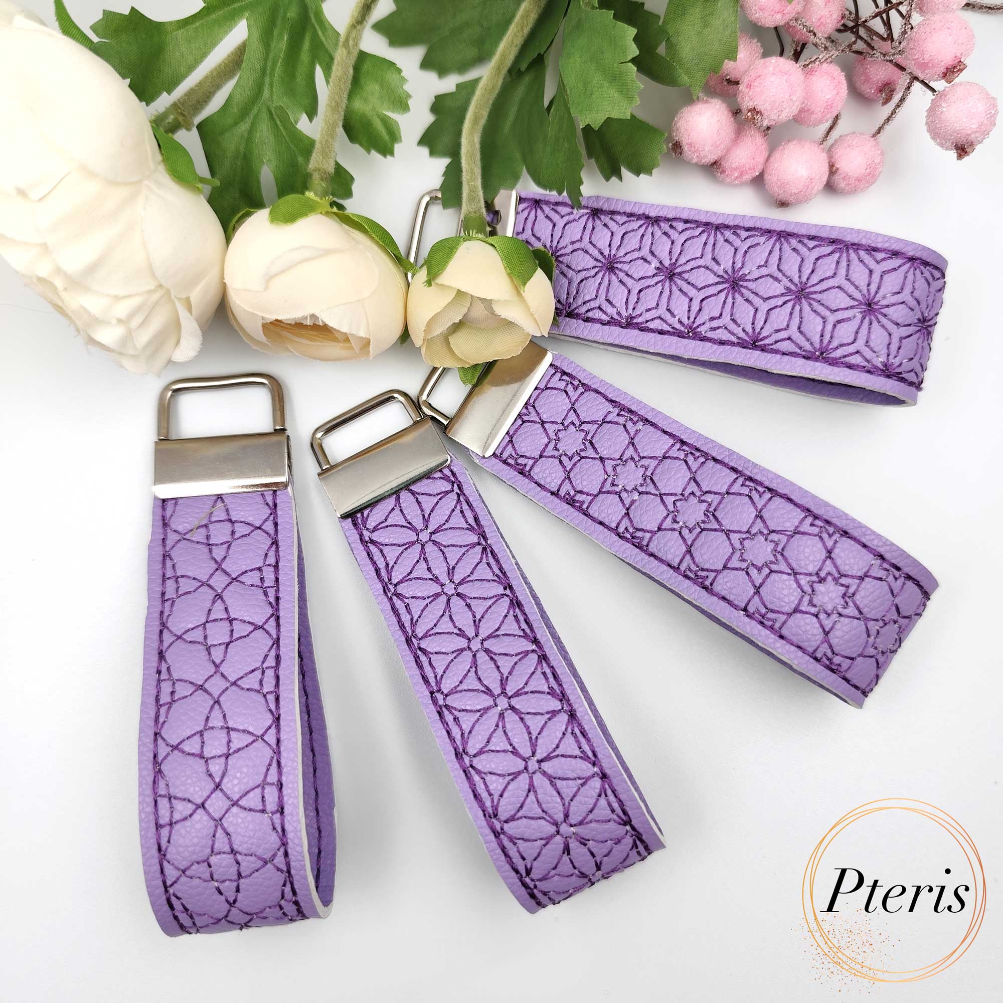 ITH Geometric Wrist Strap Key Fob embroidery design on purple faux leather