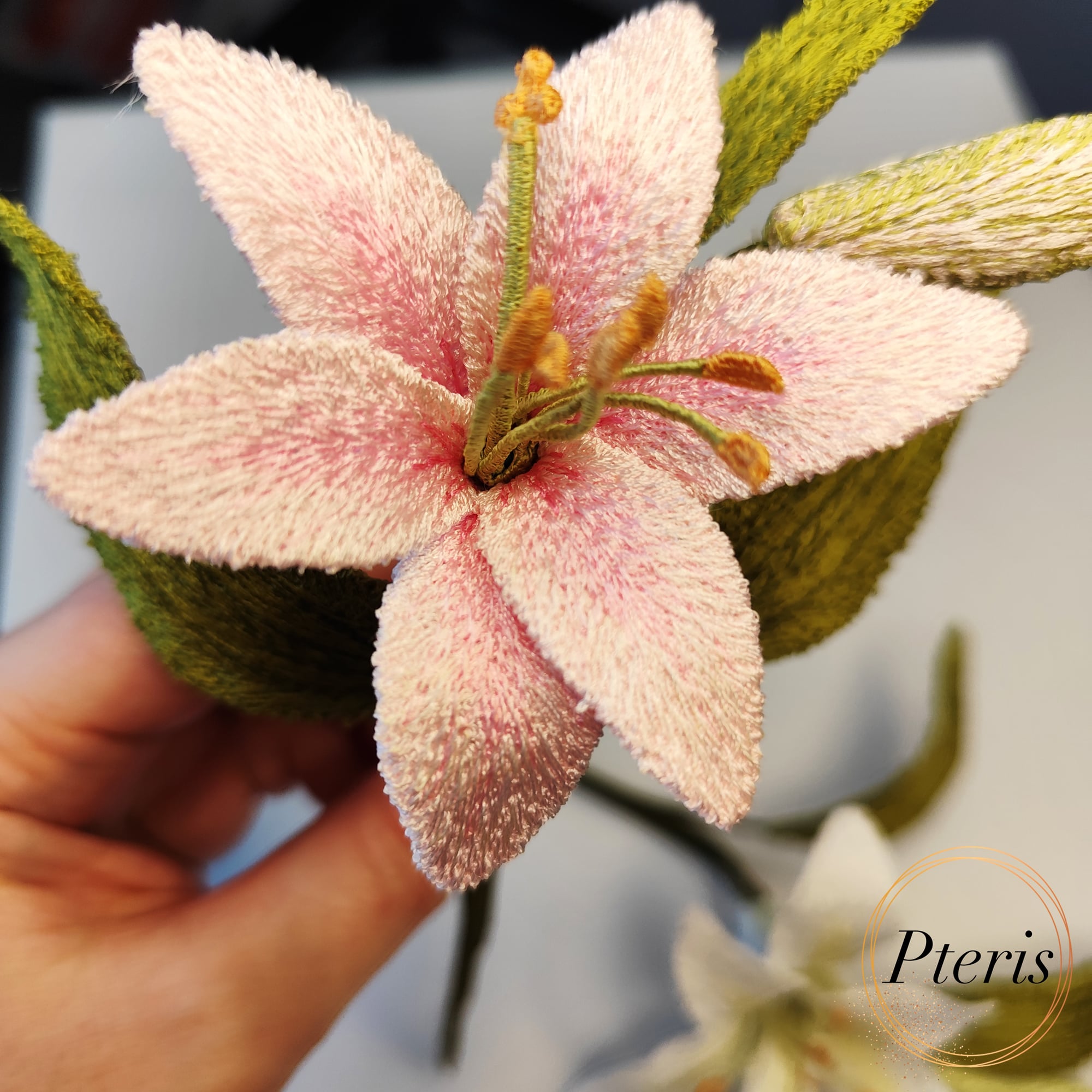3D Lily Embroidery Design for FSL interior decor featuring white and pink blooming lilies with green leaves and a detailed bud.