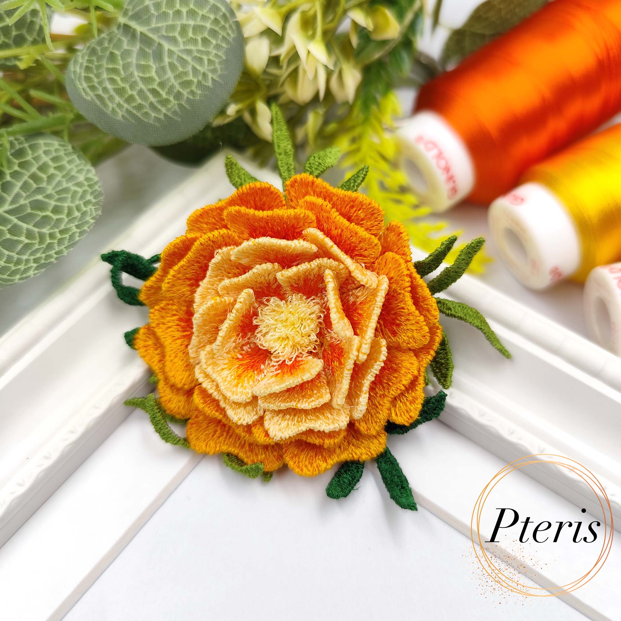 FSL 3D Marigold Embroidery Design - Freestanding Lace Brooch Set