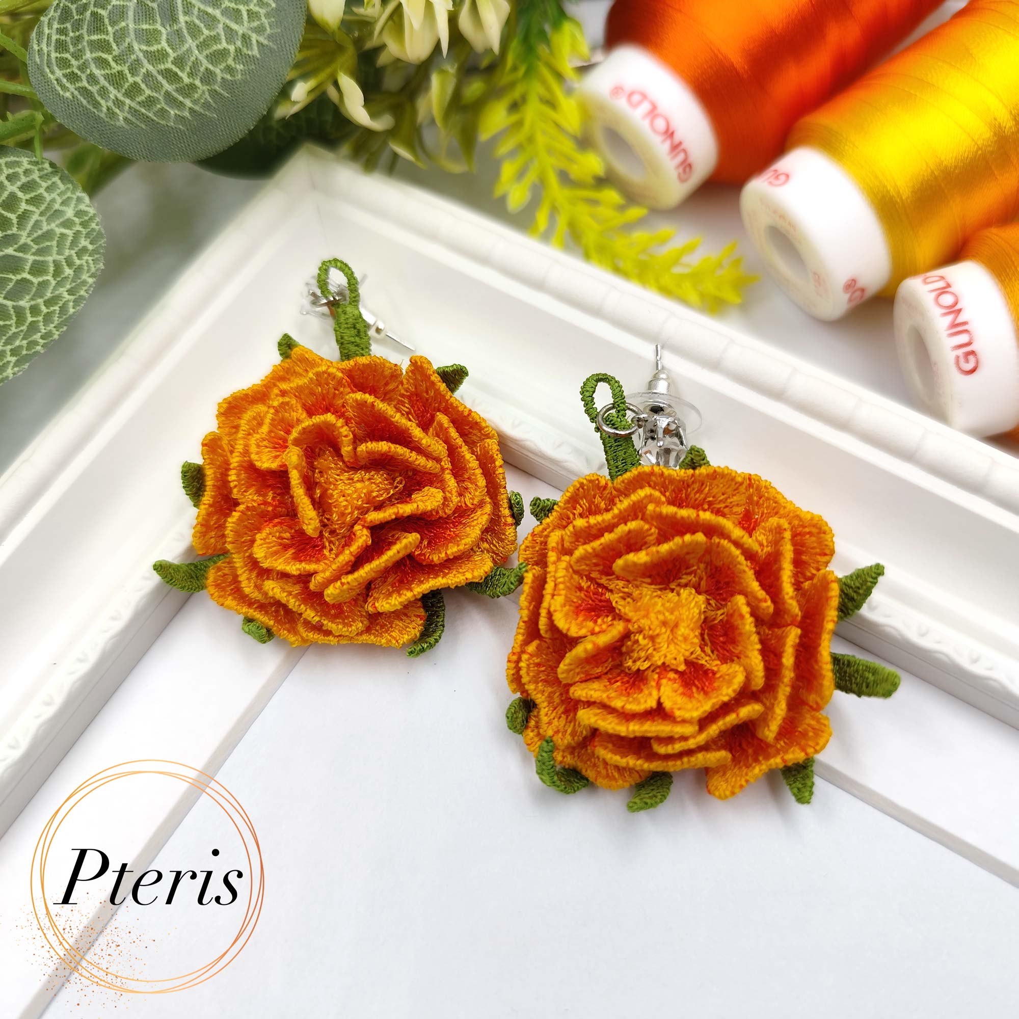 FSL 3D Marigold Embroidery Design - Freestanding Lace Jewelry Set - Image 3