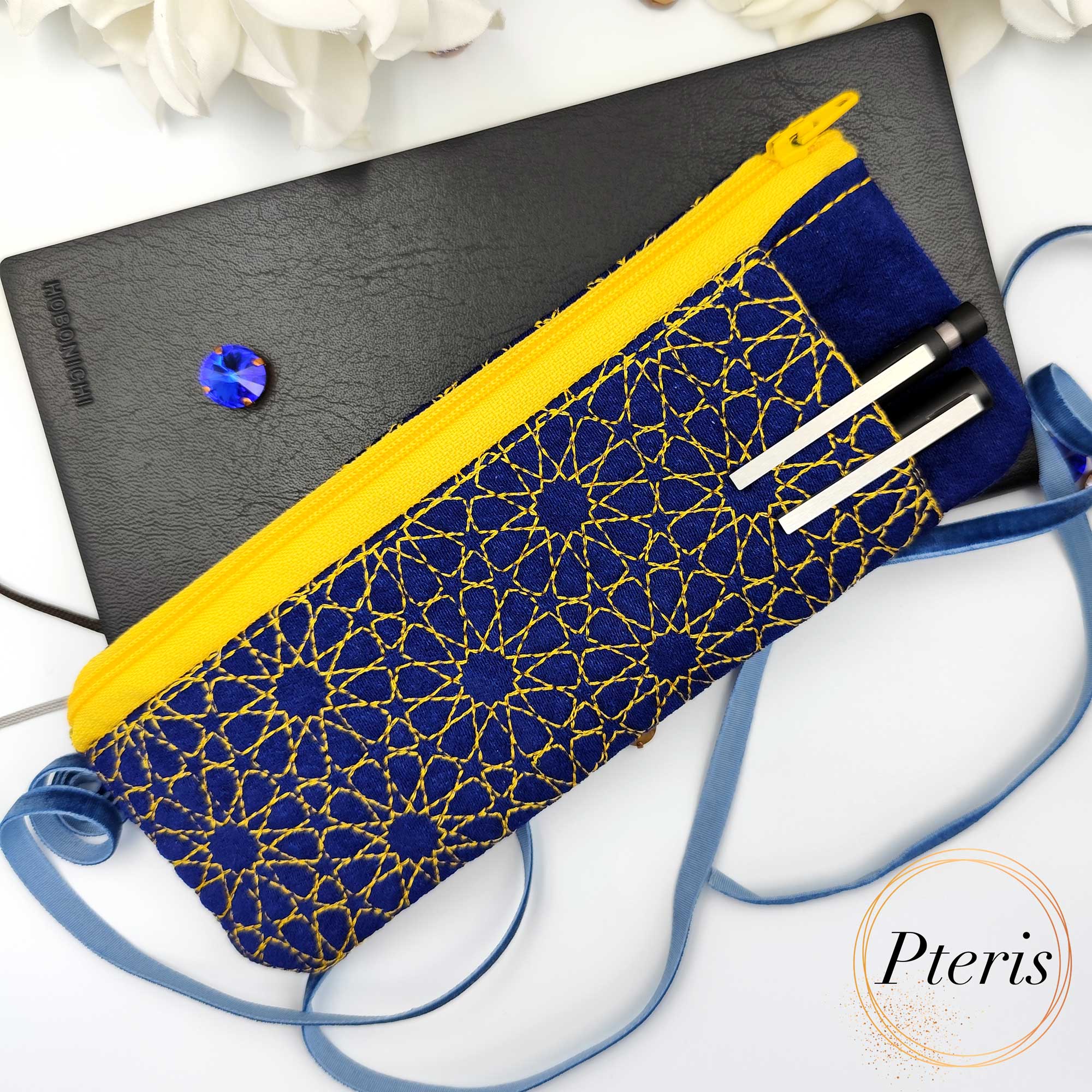 ITH Quilted Pencil Case with Front Pocket - Mosaic Geometric Machine Embroidery Design - Image 3