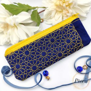 ITH Quilted Pencil Case embroidery design with yellow zipper and blue mosaic pattern
