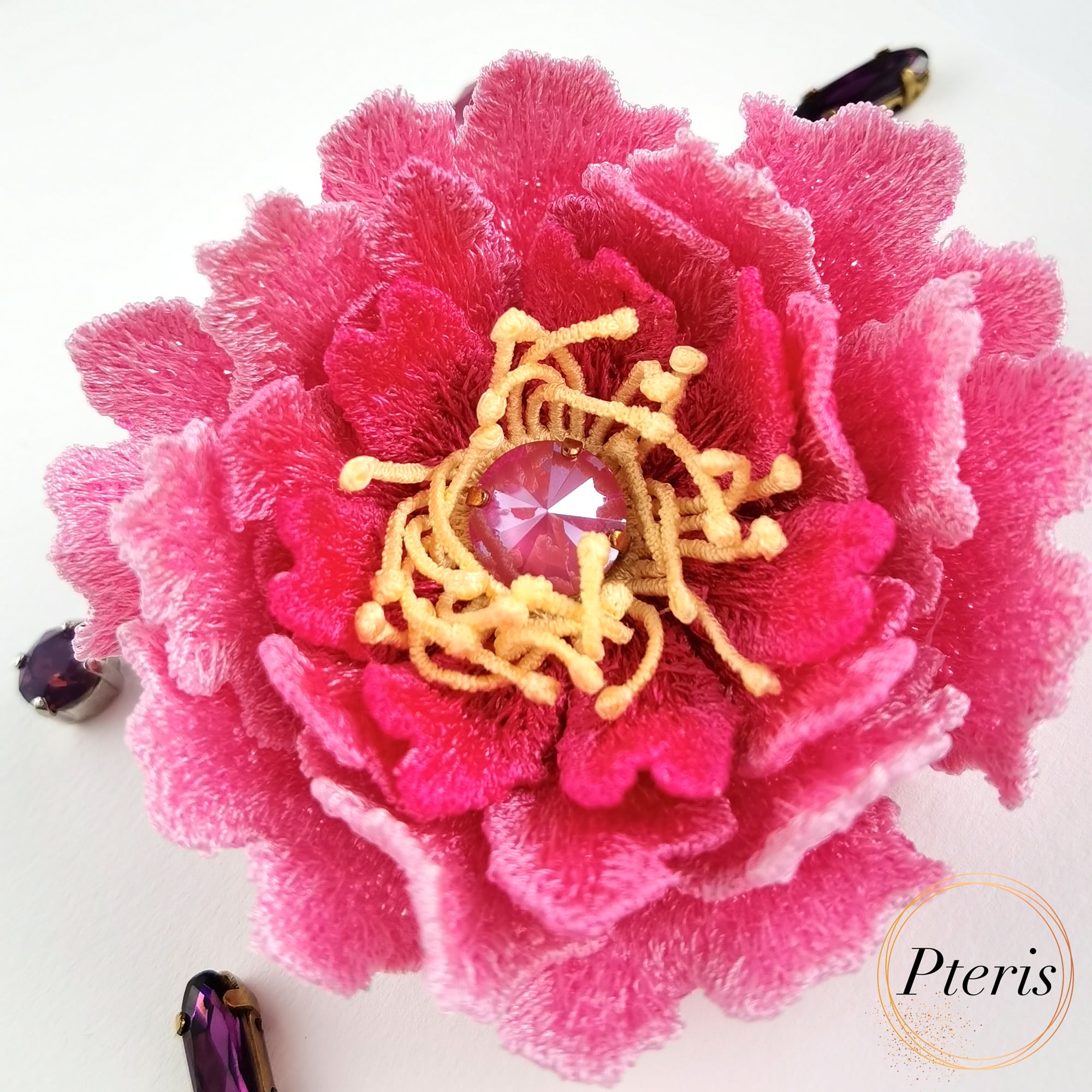 FSL 3D pink peony flower machine embroidery design for brooches and jewelry