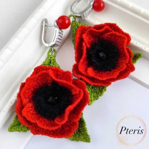 FSL 3D Poppy earrings machine embroidery design featuring bright red petals, black centers, and green leaves on silver jewelry hooks.