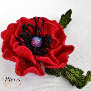 FSL 3D poppy brooch machine embroidery design with realistic stamens and red petals