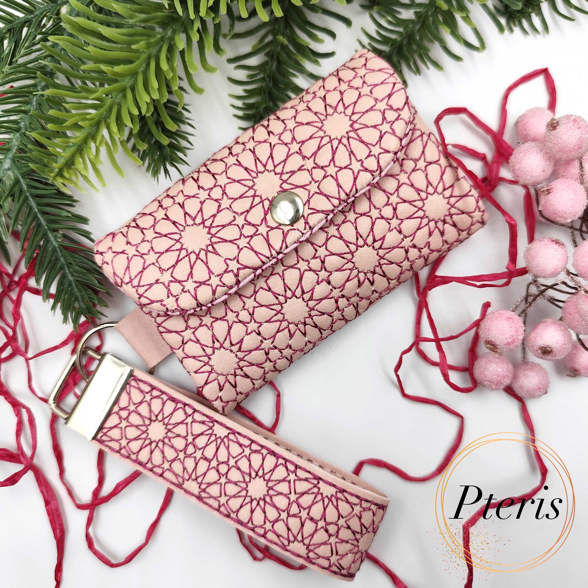 ITH Quilted Card Holder and Key Fob set with pink star stitching on beige leather