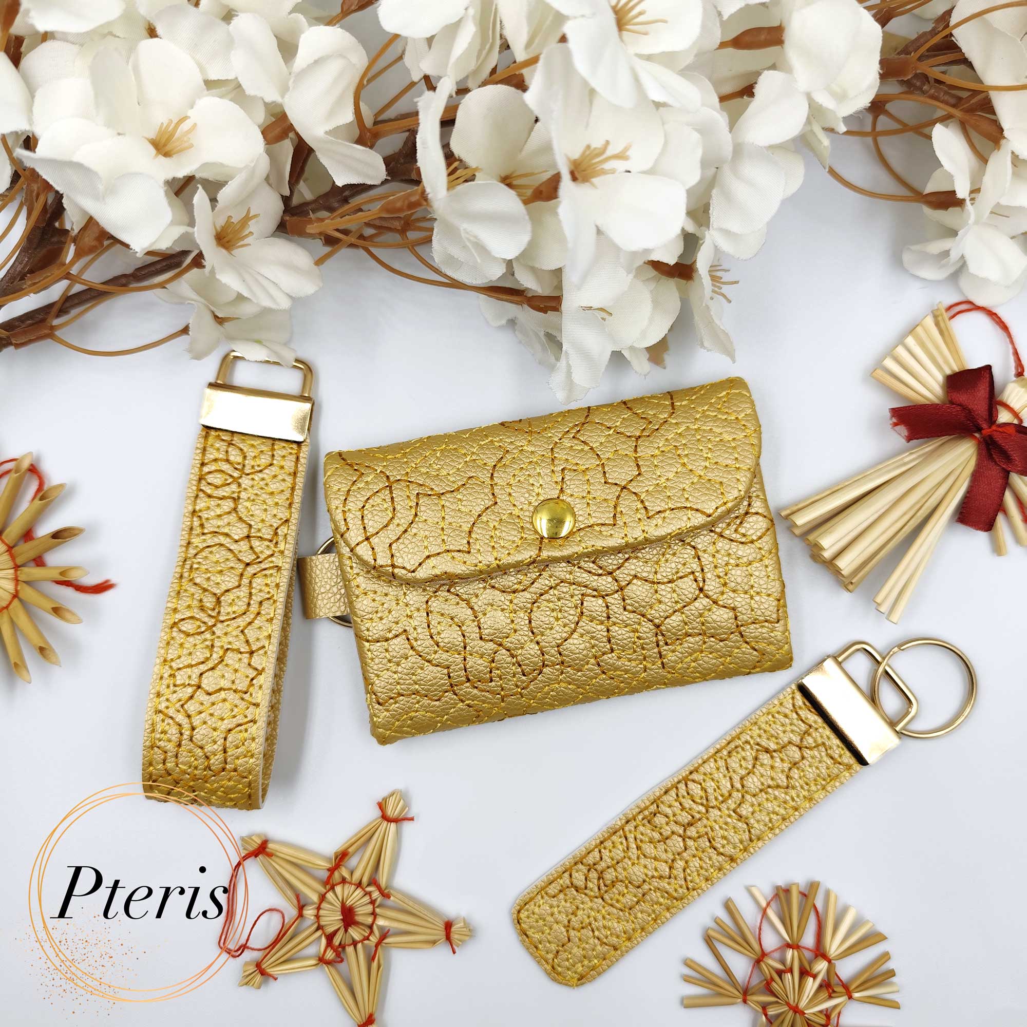 ITH Quilted Card Holder and Key Fob set with geometric star stitching on faux leather