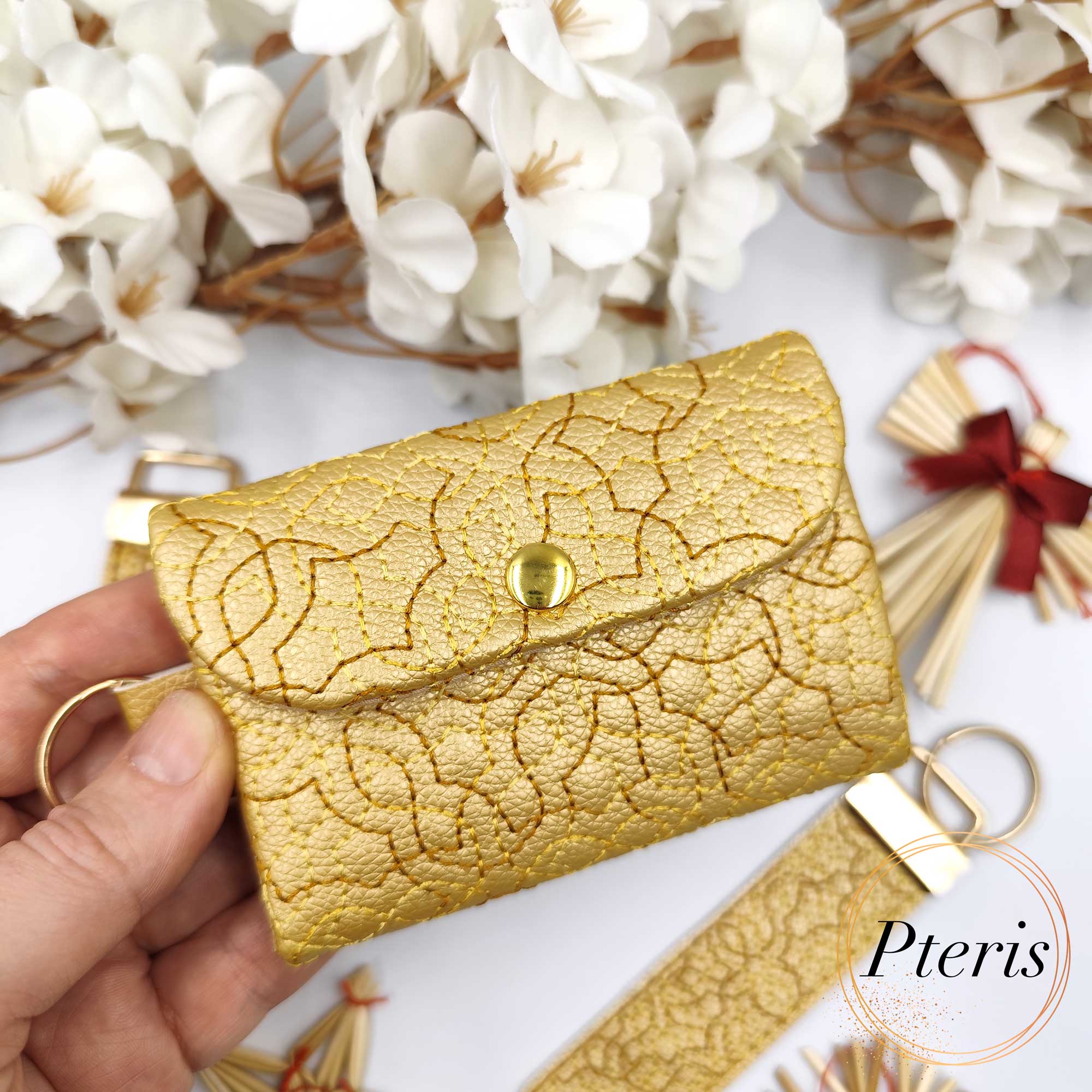 ITH Quilted Card Holder and Key Fob set with geometric star stitching on faux leather