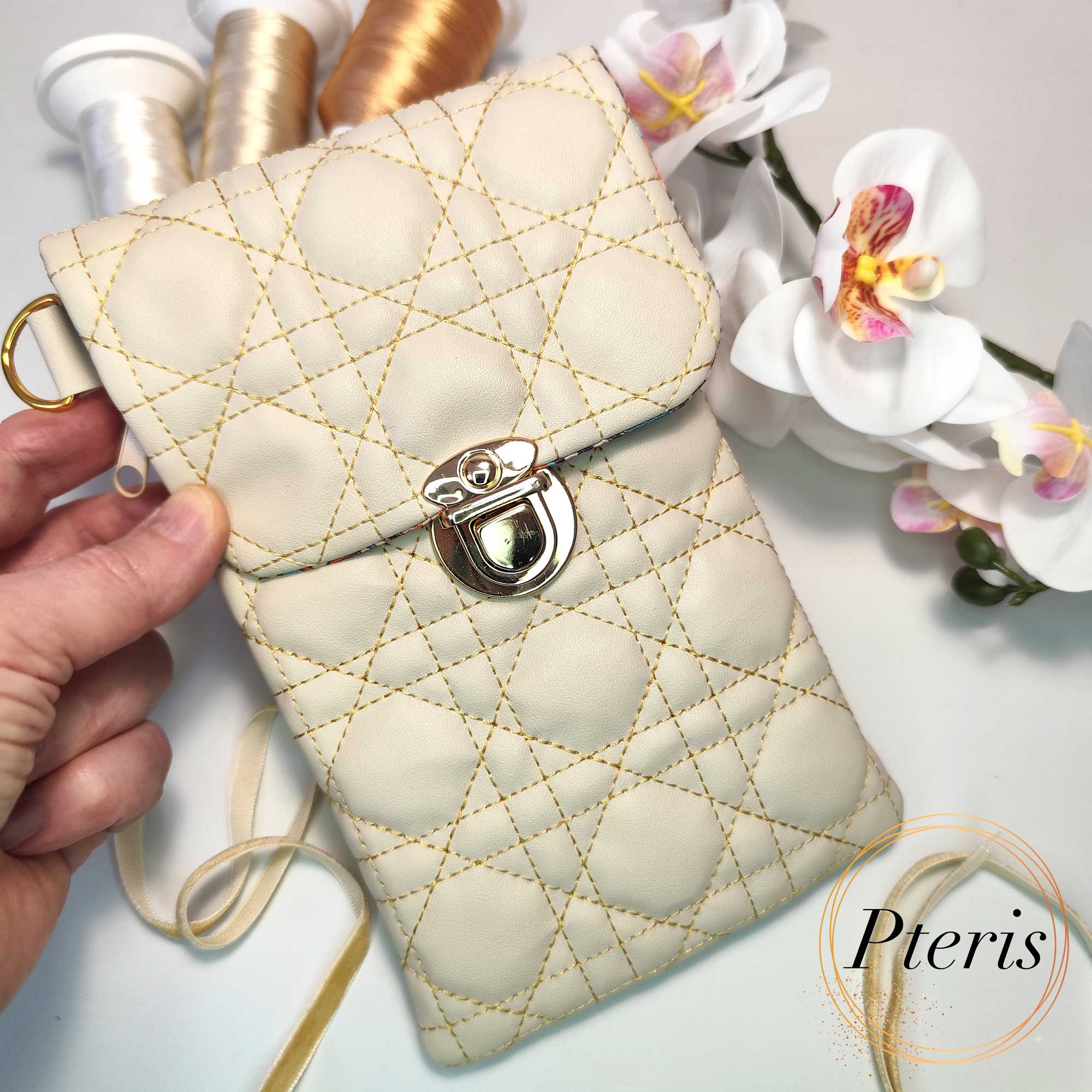 Quilted Phone Bag ITH design with luxury gold hardware