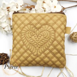 ITH Quilted Feather Heart Square Pouch embroidery design on tan leather
