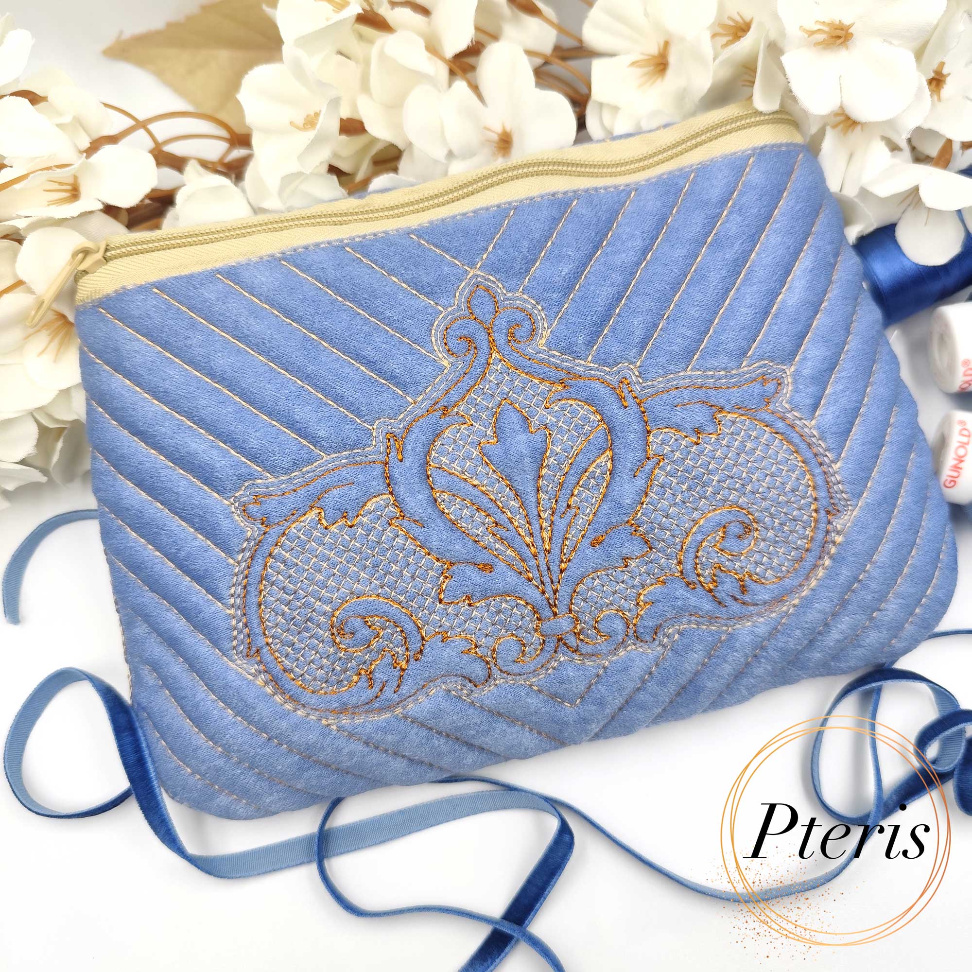 ITH Quilted Baroque Ornament Zipper Pouch embroidery design on blue velvet with gold stitching