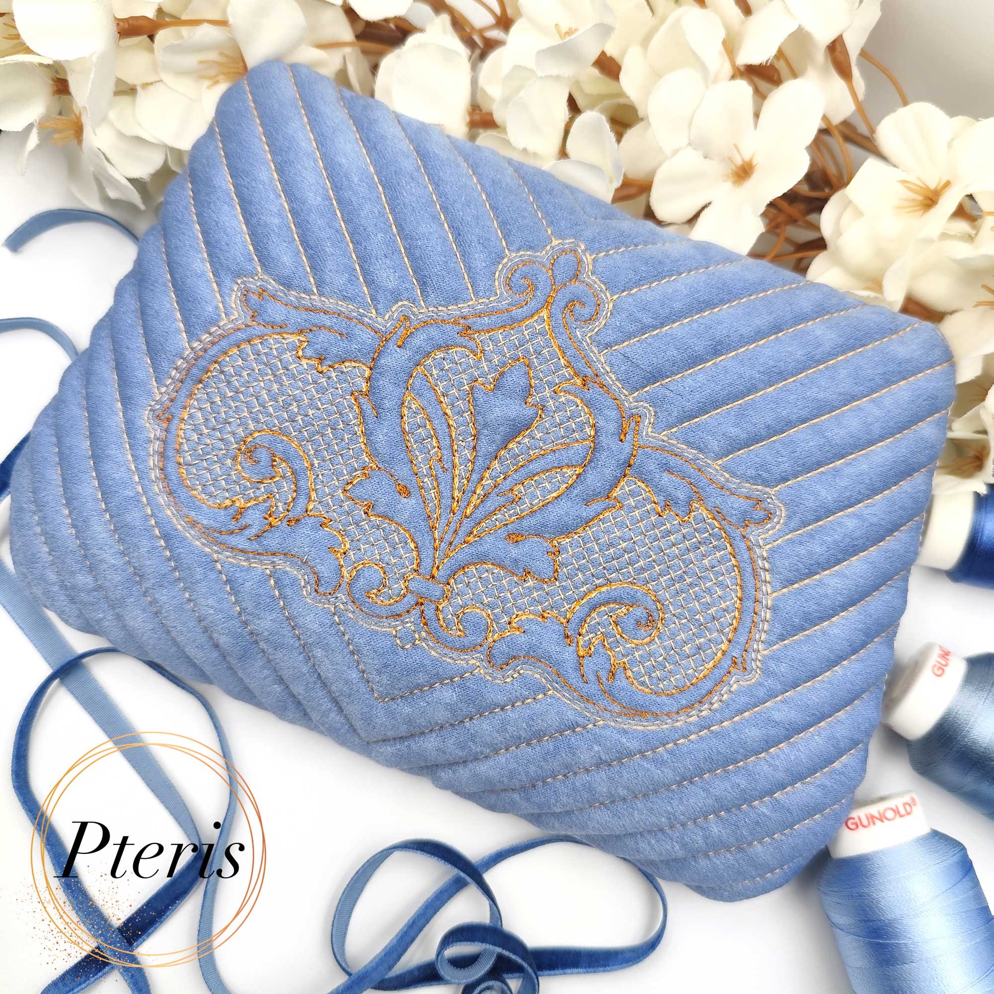 ITH Quilted Baroque Ornament Zipper Pouch embroidery design on blue velvet with gold stitching