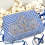 ITH Quilted Baroque Ornament Zipper Pouch embroidery design on blue velvet with gold stitching
