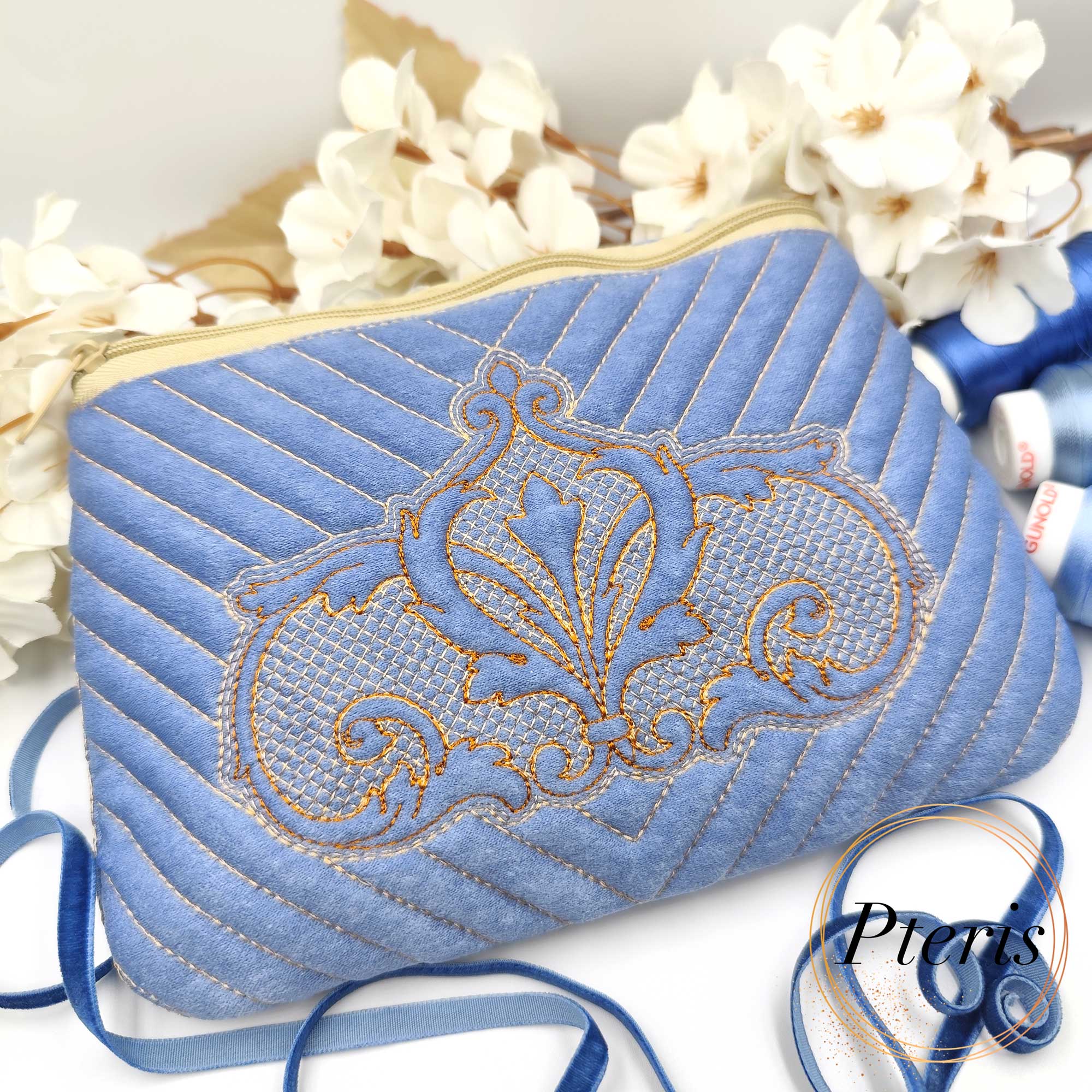 ITH Quilted Baroque Ornament Zipper Pouch embroidery design on blue velvet with gold stitching