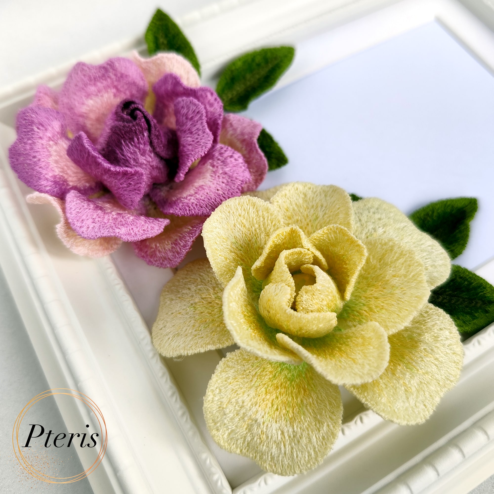 FSL 3D Rose Brooch machine embroidery design featuring purple and pink gradient petals with green leaves