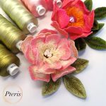 3D Wild Rose Rosehip blossom machine embroidery design with pink gradient petals and green leaves