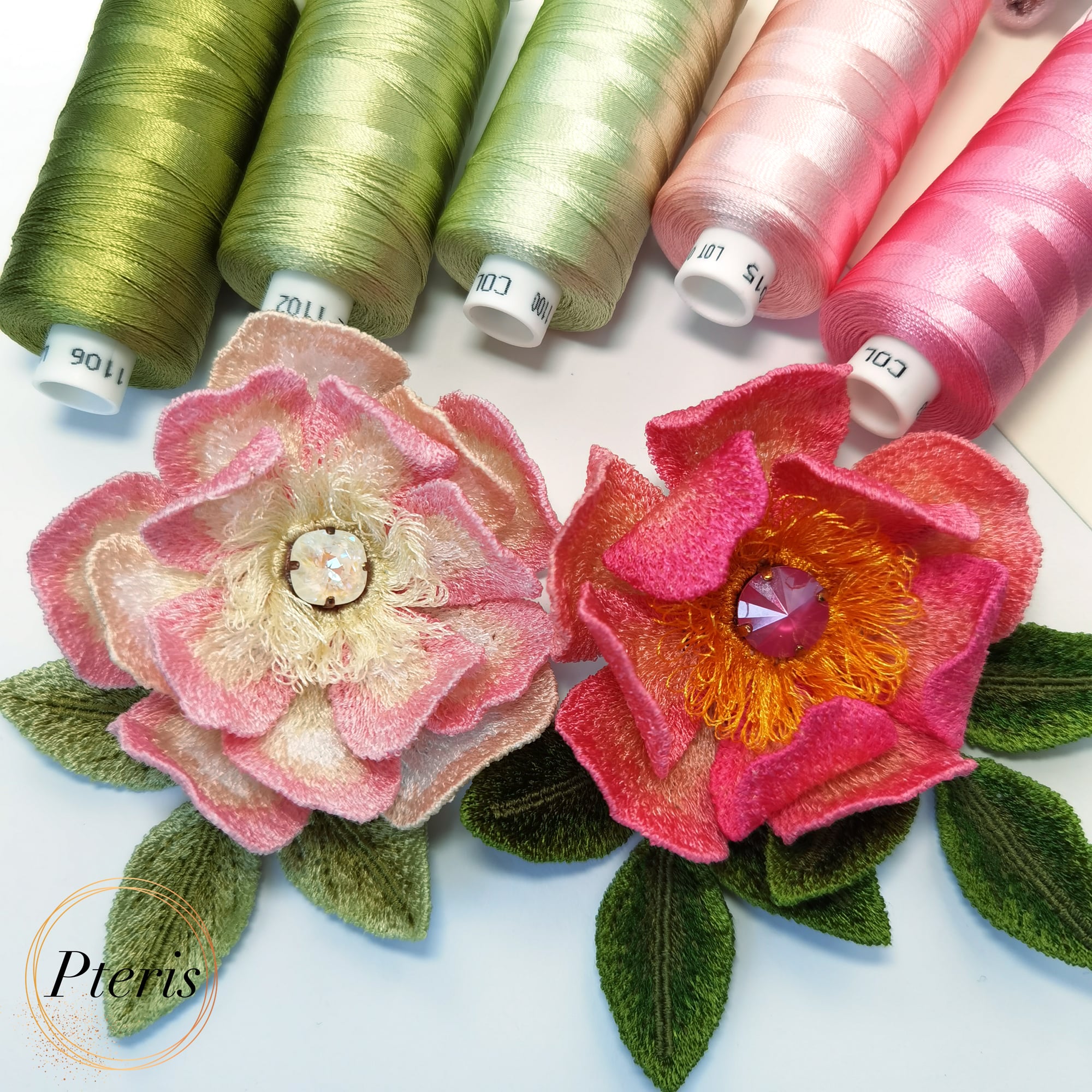 3D Wild Rose Rosehip blossom machine embroidery design with pink gradient petals and green leaves
