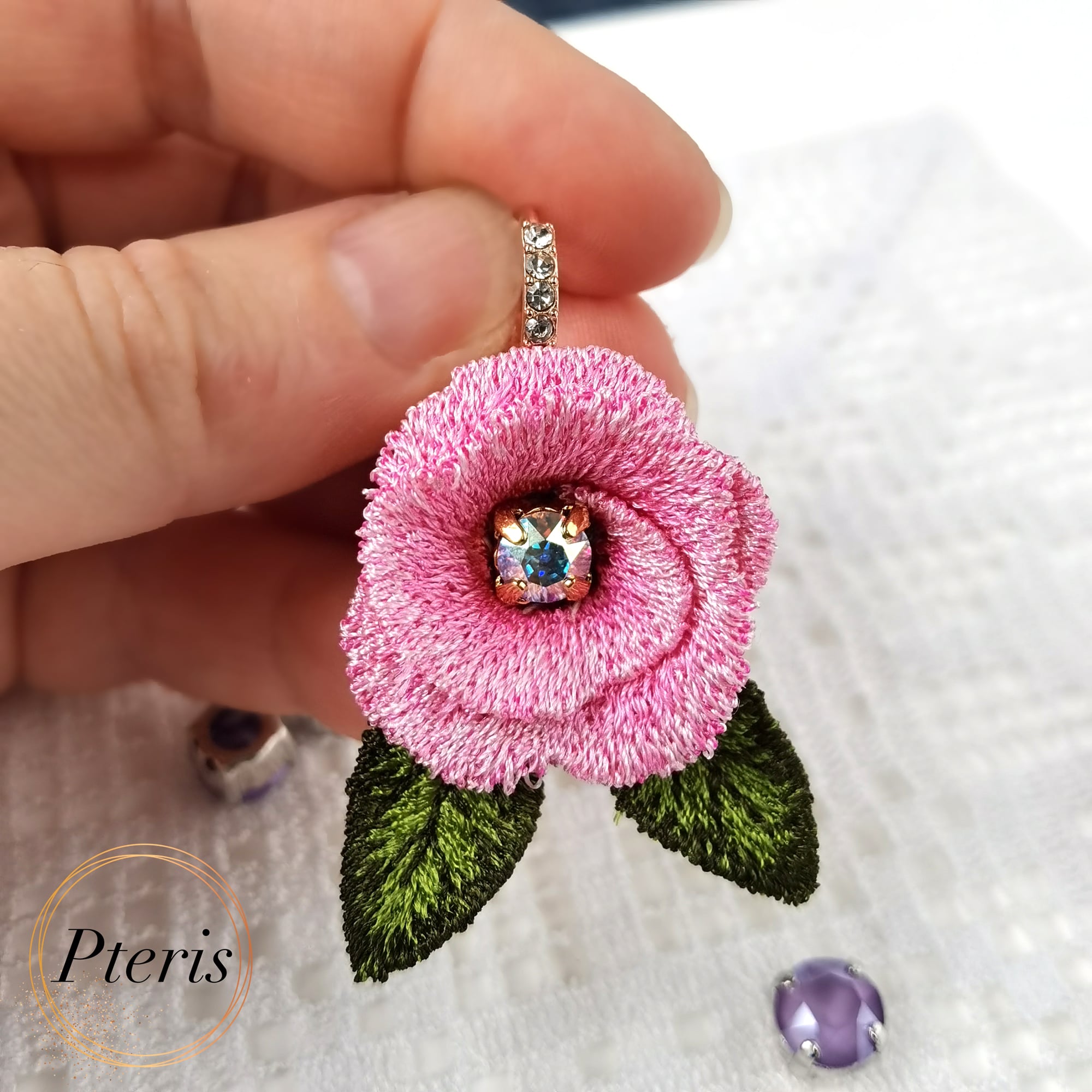 FSL 3D pink rose earrings machine embroidery design with crystal centers