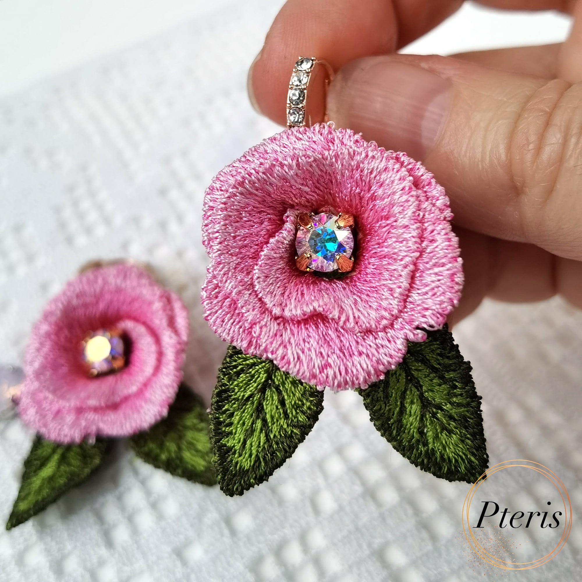 FSL 3D pink rose earrings machine embroidery design with crystal centers