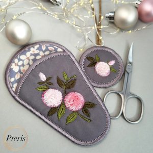 ITH Floral Fringe Rose Scissor Case embroidery design with 3D pink roses on grey fabric