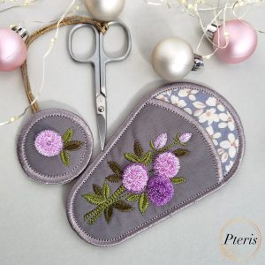 ITH Floral Fringe Rose Scissor Case embroidery design with purple 3D roses and floral lining