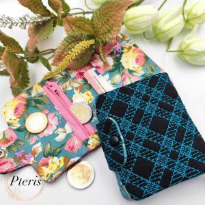 ITH Quilted Wallet embroidery design with blue geometric stitching and floral lining