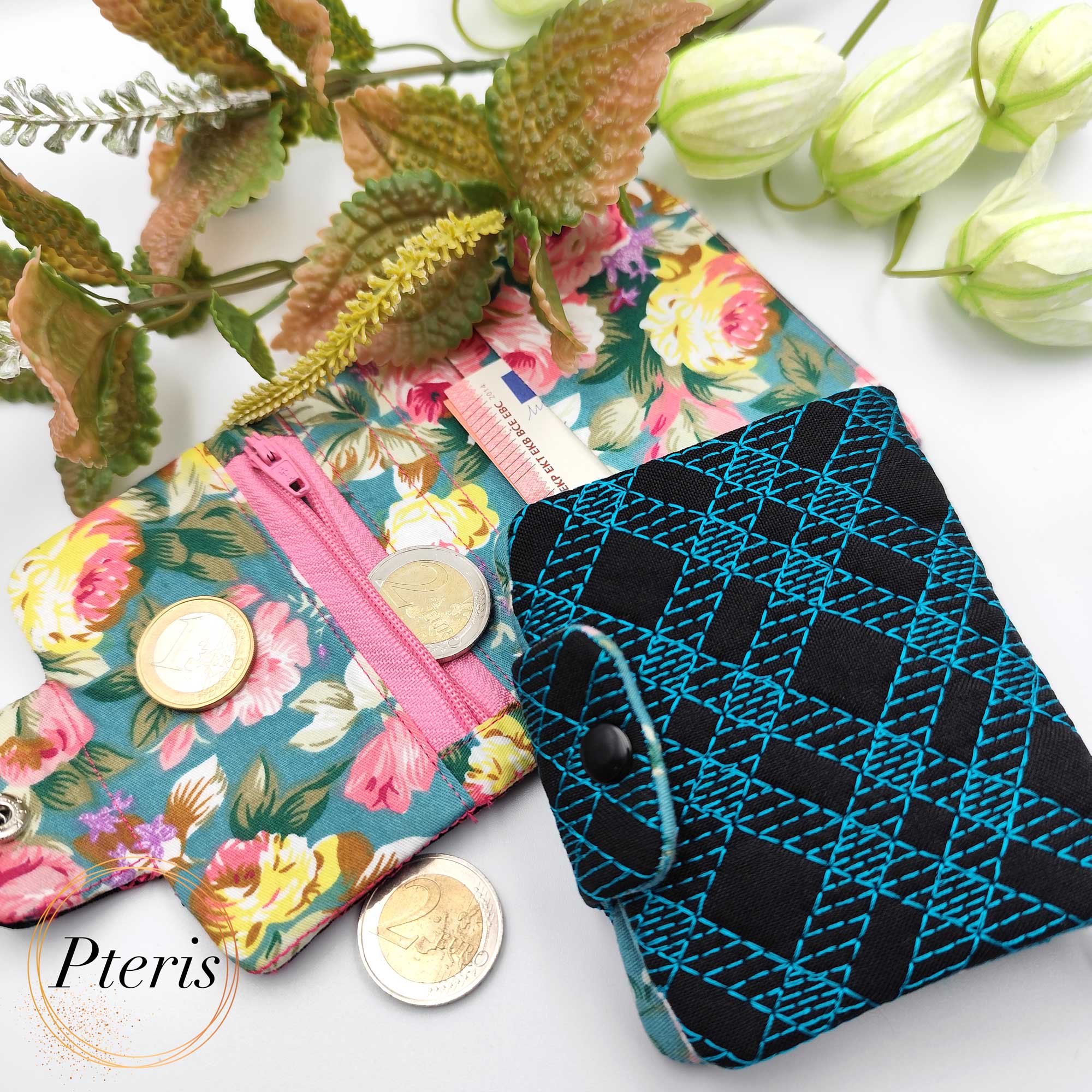ITH Quilted Wallet embroidery design with blue geometric stitching and floral lining