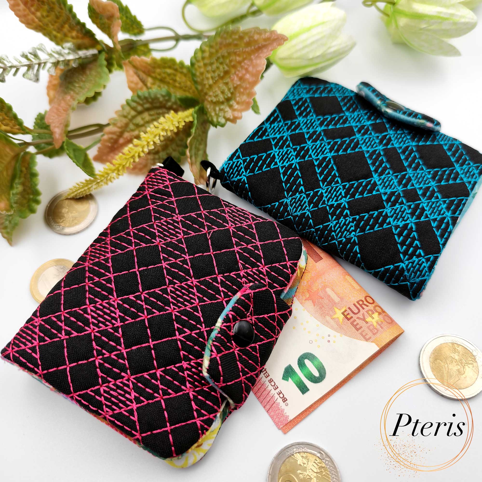 ITH Quilted Wallet embroidery design with blue geometric stitching and floral lining