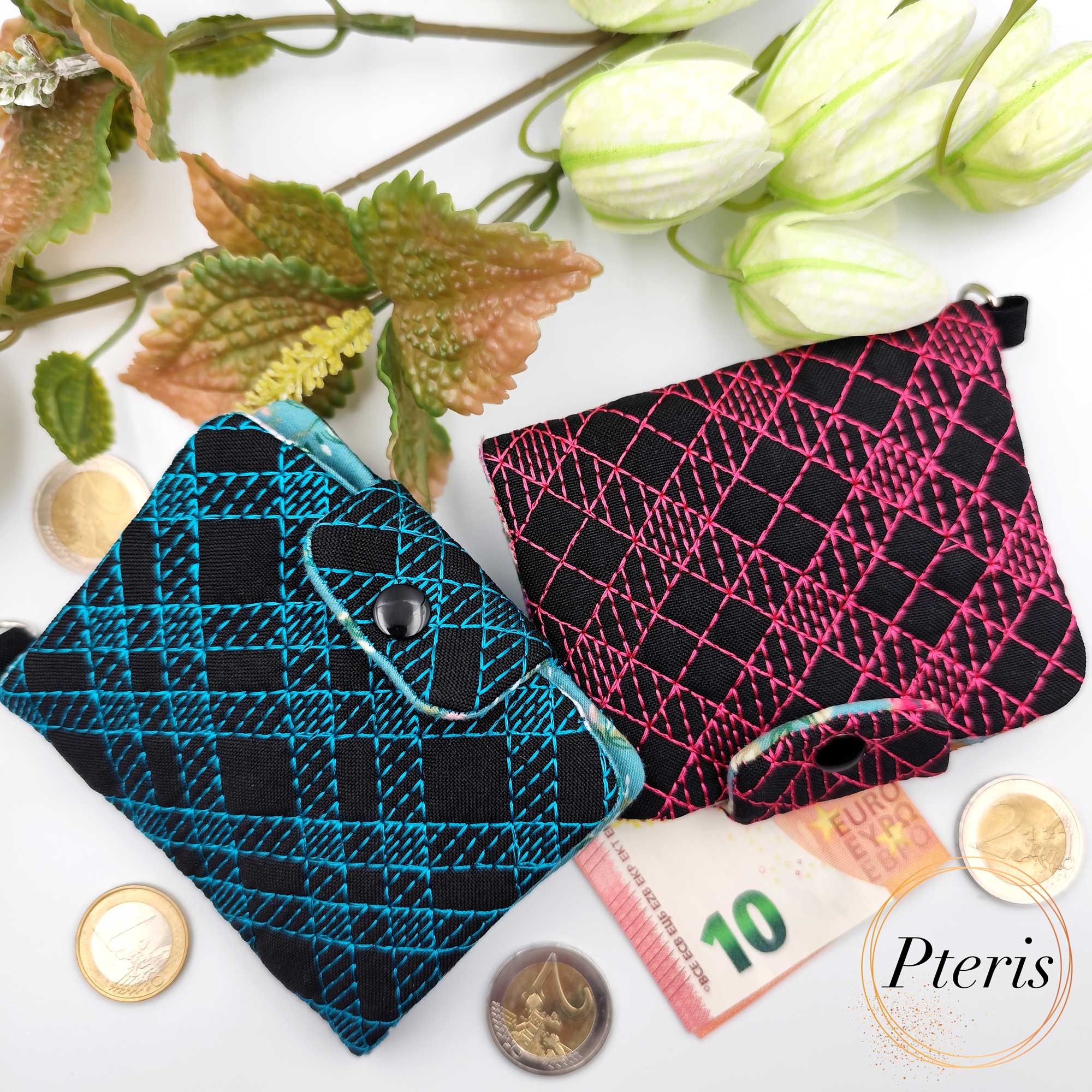 ITH Quilted Wallet embroidery design with blue geometric stitching and floral lining
