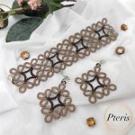 FSL Tatting Jewelry Embroidery Design showing a matching set of a brown lace bracelet and square earrings in a traditional tatting style on a white background.