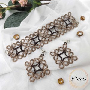 FSL Tatting Jewelry Embroidery Design showing a matching set of a brown lace bracelet and square earrings in a traditional tatting style on a white background.